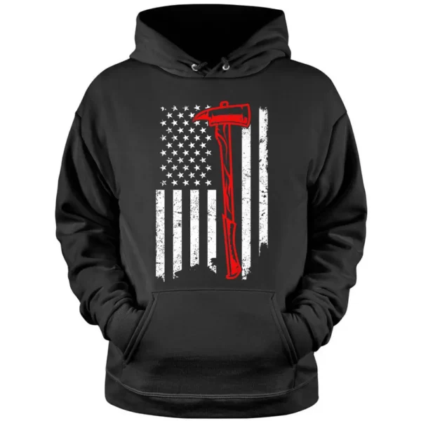 Fireman Patriotic USA Flag Axe Red Line Firefighter Pullover Hoodie