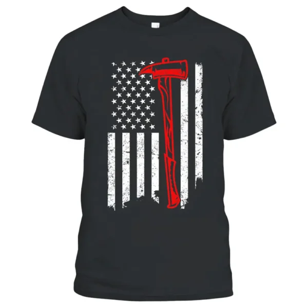 Fireman Patriotic USA Flag Axe Red Line Firefighter T-Shirt