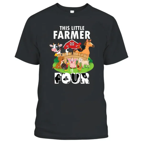 Kids 4 Yrs Old Little Farmer Cute 4th Birthday Farm Animals T-Shirt