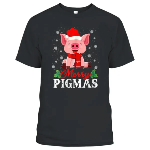 Merry Pigmas Pig Christmas Santa Hat Funny Xmas Light Farmer T-Shirt