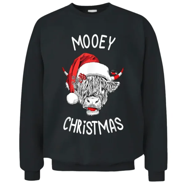 Mooey Christmas Cow Farmer Santa Hat Cow Lover Highland Cow Pullover Sweatshirt