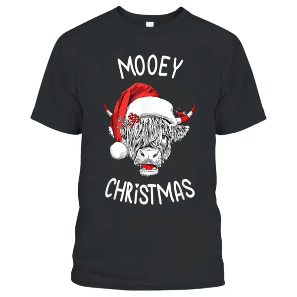 Mooey Christmas Cow Farmer Santa Hat Cow Lover Highland Cow T-Shirt