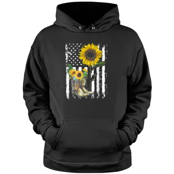 Sunflower Boots America Flag For Cowgirl Cowboy Farmer Pullover Hoodie