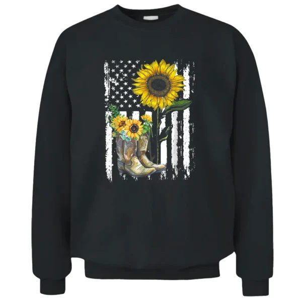 Sunflower Boots America Flag For Cowgirl Cowboy Farmer Pullover Sweatshirt