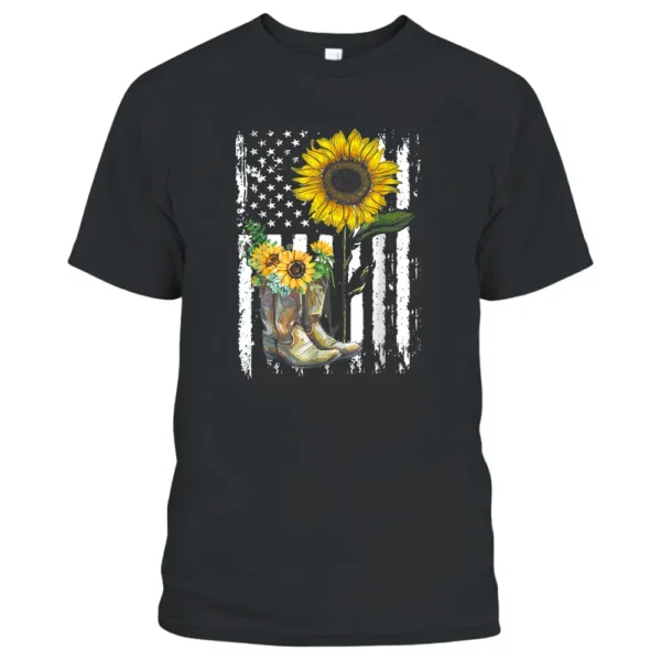 Sunflower Boots America Flag For Cowgirl Cowboy Farmer T-Shirt