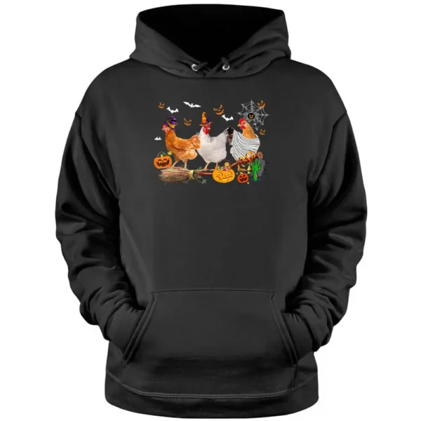 Three Chickens Halloween Mummy Witch Scary Pumpkins Farmer Pullover Hoodie