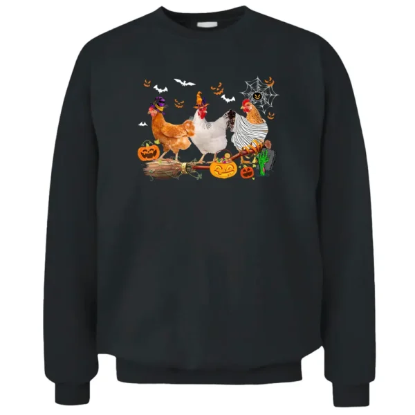 Three Chickens Halloween Mummy Witch Scary Pumpkins Farmer Pullover Sweatshirt