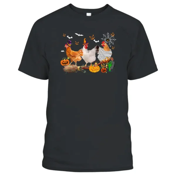 Three Chickens Halloween Mummy Witch Scary Pumpkins Farmer T-Shirt